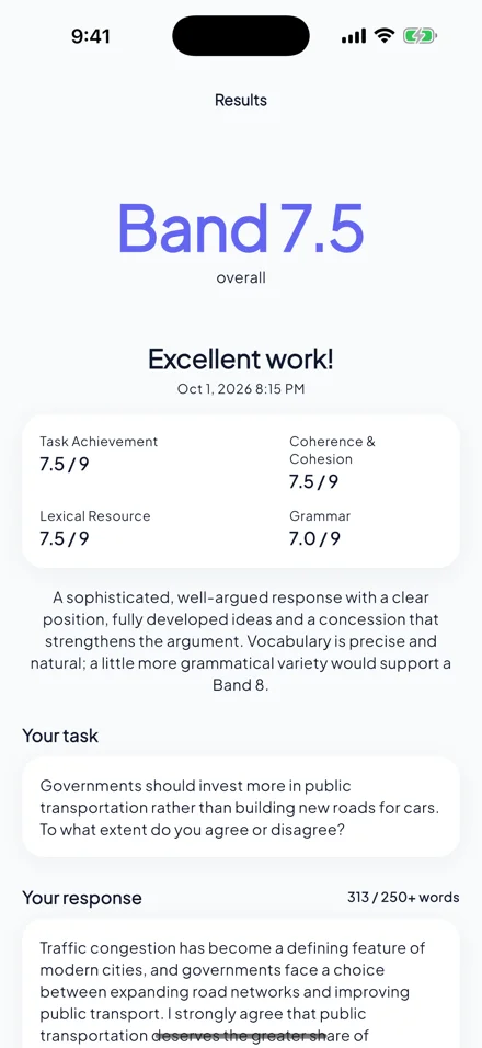 The IELTsBandLift iPhone app showing a Band 7.5 Writing result